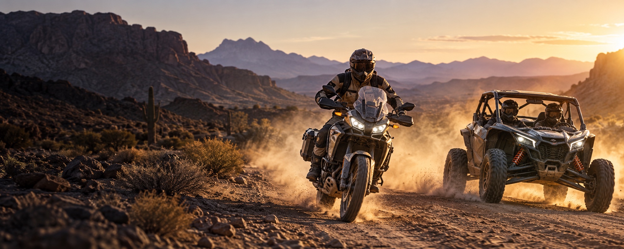 Adventure motorcycle and side-by-side riding through desert terrain